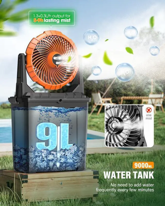 Alt view image 2 of 7 - 9L Bucket Portable Misting Fan for Outdoors Patios, 20000mAh Rechargeable Battery Operated Camping Fan, 3 Strong Winds, Large Spray Outlets, Fishing/Travel/Garden Party/Golf/Tent/Office  Orange