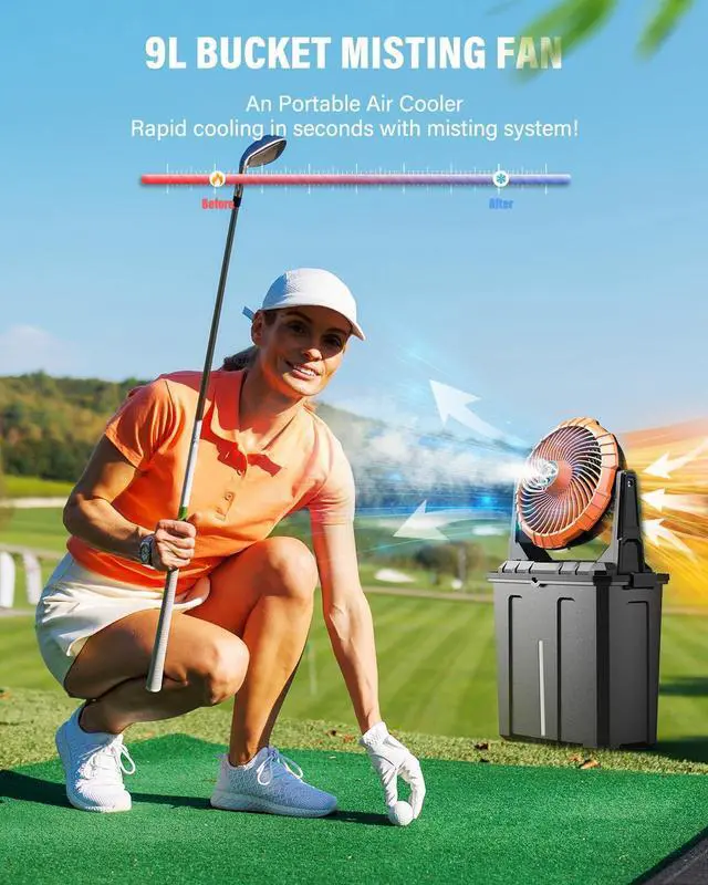 Alt view image 3 of 7 - 9L Bucket Portable Misting Fan for Outdoors Patios, 20000mAh Rechargeable Battery Operated Camping Fan, 3 Strong Winds, Large Spray Outlets, Fishing/Travel/Garden Party/Golf/Tent/Office  Orange