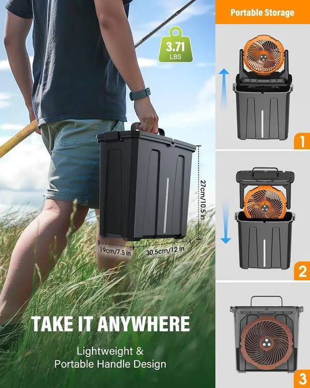 Alt view image 6 of 7 - 9L Bucket Portable Misting Fan for Outdoors Patios, 20000mAh Rechargeable Battery Operated Camping Fan, 3 Strong Winds, Large Spray Outlets, Fishing/Travel/Garden Party/Golf/Tent/Office  Orange