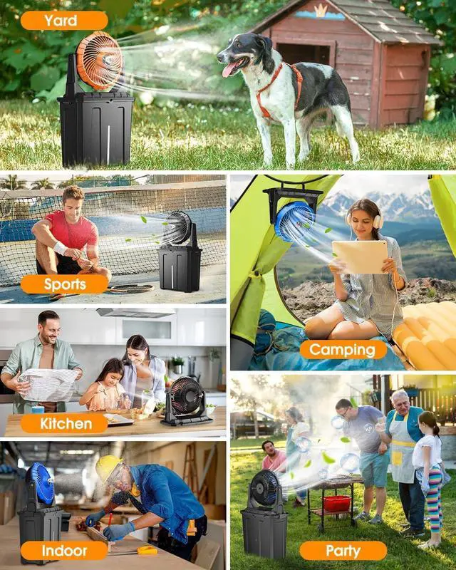 Alt view image 7 of 7 - 9L Bucket Portable Misting Fan for Outdoors Patios, 20000mAh Rechargeable Battery Operated Camping Fan, 3 Strong Winds, Large Spray Outlets, Fishing/Travel/Garden Party/Golf/Tent/Office  Orange