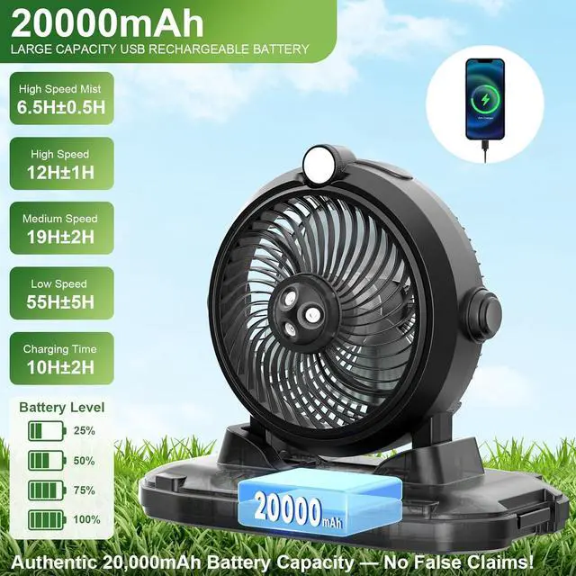 Alt view image 3 of 7 - Portable Misting Fan with 11L Large Bucket, 20000mAh USB Rechargeable Battery Operated Camping Fans, 3 Spray Nozzles & Strong Wind Speeds Fan, Fans for Outside Black -