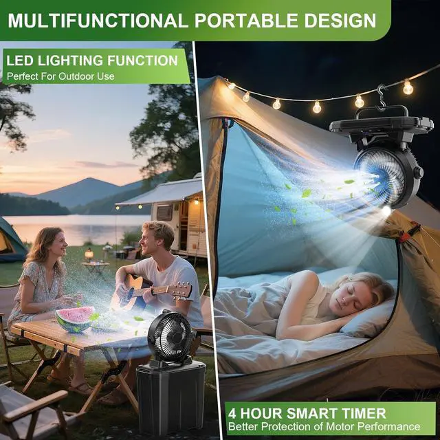 Alt view image 5 of 7 - Portable Misting Fan with 11L Large Bucket, 20000mAh USB Rechargeable Battery Operated Camping Fans, 3 Spray Nozzles & Strong Wind Speeds Fan, Fans for Outside Black -