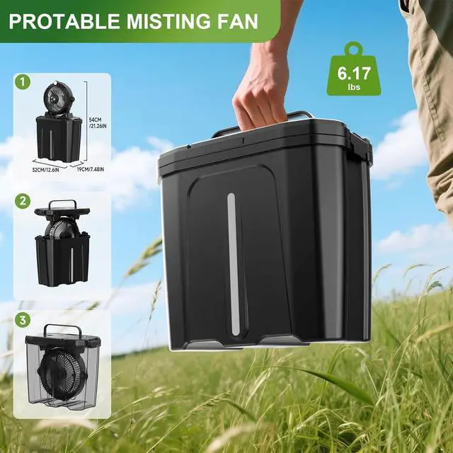 Alt view image 7 of 7 - Portable Misting Fan with 11L Large Bucket, 20000mAh USB Rechargeable Battery Operated Camping Fans, 3 Spray Nozzles & Strong Wind Speeds Fan, Fans for Outside Black -