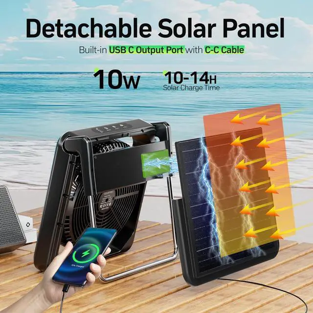 Alt view image 3 of 7 - 11.5 Inch Upgraded Solar Camping Fan with Light- Rechargeable Battery Fan, 10W Detachable Panel, 3 Speed, 6H Timer,60° Pivot Strong Airflow for Fishing RV Trips Hurricane Power Outage  Black inch