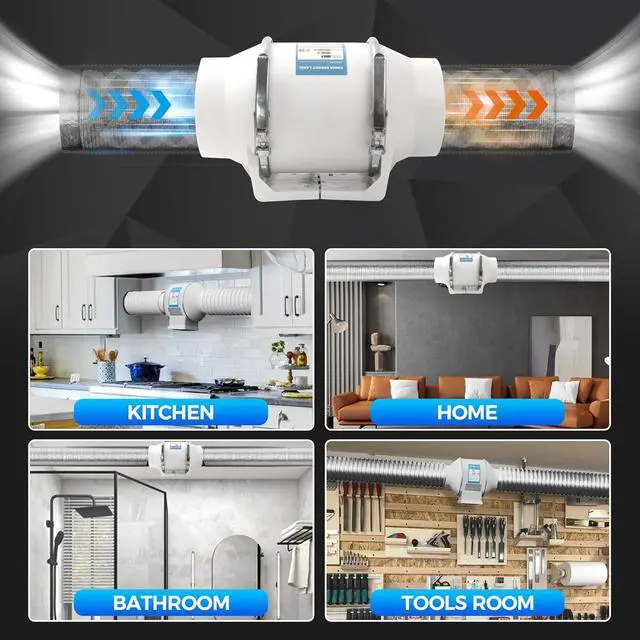 Alt view image 5 of 7 - 4 Inch Duct Fan, Inline Ventilation Exhaust 280 CFM Intake High Efficiency Air Fan for Vent Bathroom, Kitchen, Grow Tent, Hydroponics, 3D Printer white  (New)