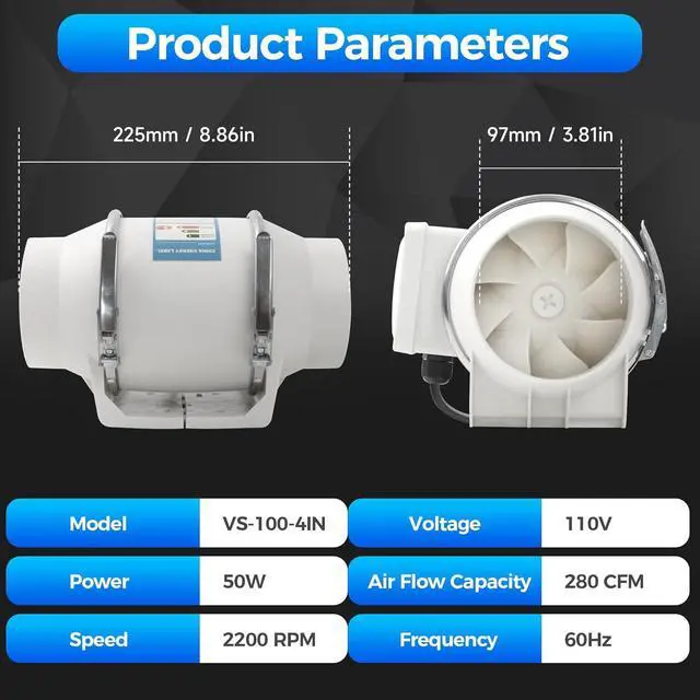 Alt view image 6 of 7 - 4 Inch Duct Fan, Inline Ventilation Exhaust 280 CFM Intake High Efficiency Air Fan for Vent Bathroom, Kitchen, Grow Tent, Hydroponics, 3D Printer white  (New)