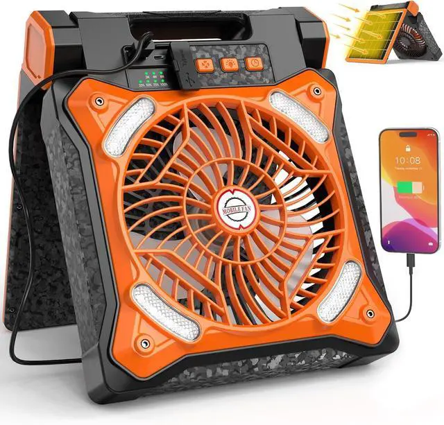 Main image of Upgraded Solar Camping Fan with Lantern - Rechargeable Battery Operated Fan, 36H Run Time Max, 4 Speeds, 8H Timer, 90° Adjustable Portable Desk for Hurricane, Power Outage, Outdoor Use  Orange 11