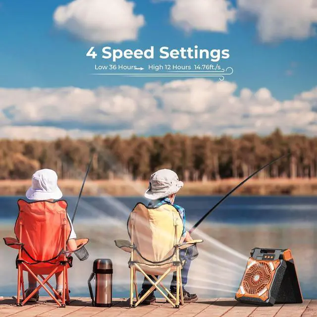 Alt view image 2 of 7 - Upgraded Solar Camping Fan with Lantern - Rechargeable Battery Operated Fan, 36H Run Time Max, 4 Speeds, 8H Timer, 90° Adjustable Portable Desk for Hurricane, Power Outage, Outdoor Use  Orange 11