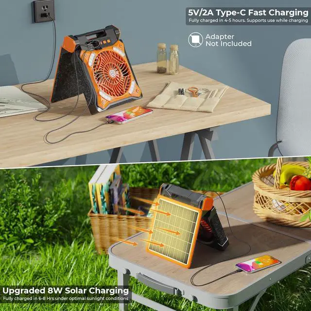 Alt view image 3 of 7 - Upgraded Solar Camping Fan with Lantern - Rechargeable Battery Operated Fan, 36H Run Time Max, 4 Speeds, 8H Timer, 90° Adjustable Portable Desk for Hurricane, Power Outage, Outdoor Use  Orange 11