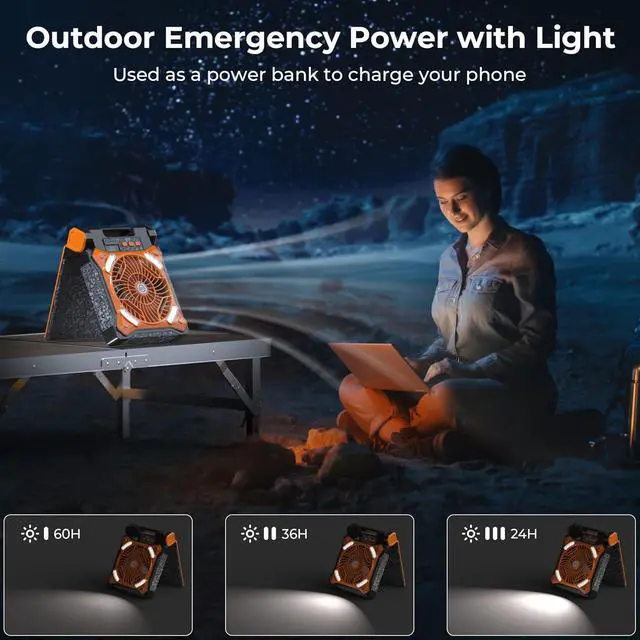 Alt view image 4 of 7 - Upgraded Solar Camping Fan with Lantern - Rechargeable Battery Operated Fan, 36H Run Time Max, 4 Speeds, 8H Timer, 90° Adjustable Portable Desk for Hurricane, Power Outage, Outdoor Use  Orange 11