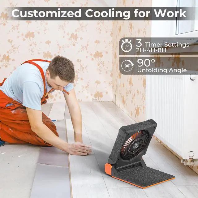 Alt view image 5 of 7 - Upgraded Solar Camping Fan with Lantern - Rechargeable Battery Operated Fan, 36H Run Time Max, 4 Speeds, 8H Timer, 90° Adjustable Portable Desk for Hurricane, Power Outage, Outdoor Use  Orange 11