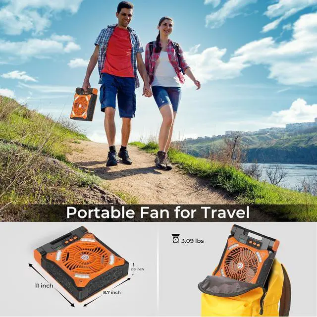 Alt view image 6 of 7 - Upgraded Solar Camping Fan with Lantern - Rechargeable Battery Operated Fan, 36H Run Time Max, 4 Speeds, 8H Timer, 90° Adjustable Portable Desk for Hurricane, Power Outage, Outdoor Use  Orange 11