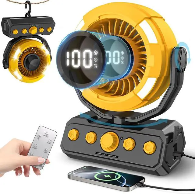 Main image of Battery Powered Fan, Rechargeable Fan Portable, 180° Pivot Operated with Light, Timer, 360° Rotation Hanging Hook, 100 Speeds Camping Fans for Tents, Fishing, RV, Jobsite, Picnic Yellow -
