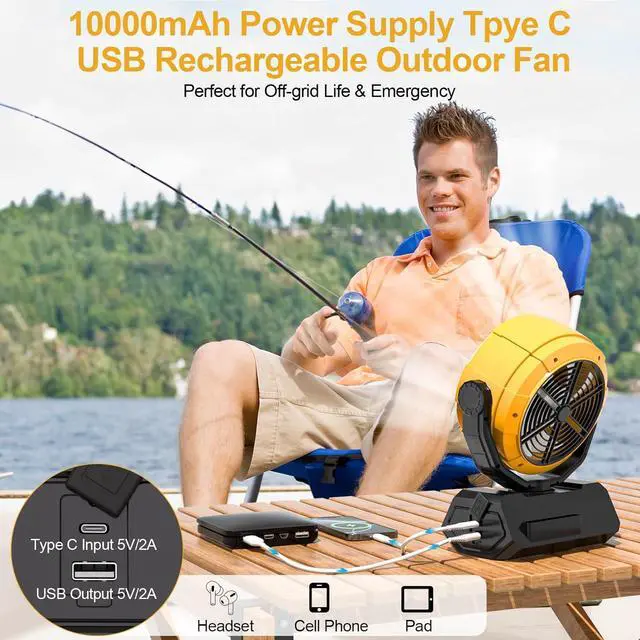 Alt view image 2 of 7 - Battery Powered Fan, Rechargeable Fan Portable, 180° Pivot Operated with Light, Timer, 360° Rotation Hanging Hook, 100 Speeds Camping Fans for Tents, Fishing, RV, Jobsite, Picnic Yellow -