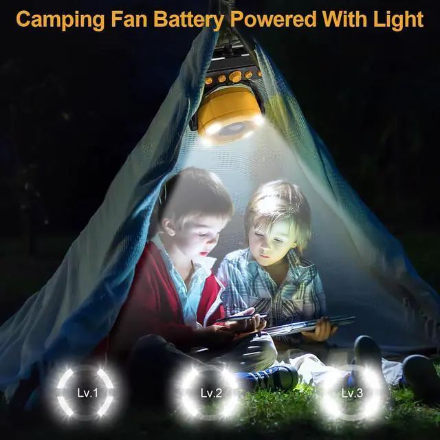Alt view image 5 of 7 - Battery Powered Fan, Rechargeable Fan Portable, 180° Pivot Operated with Light, Timer, 360° Rotation Hanging Hook, 100 Speeds Camping Fans for Tents, Fishing, RV, Jobsite, Picnic Yellow -