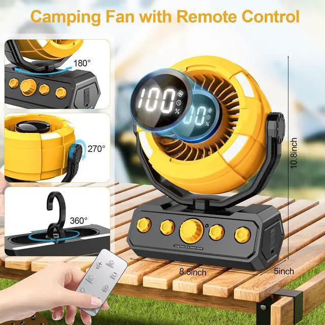 Alt view image 3 of 7 - Battery Powered Fan, Rechargeable Fan Portable, 180° Pivot Operated with Light, Timer, 360° Rotation Hanging Hook, 100 Speeds Camping Fans for Tents, Fishing, RV, Jobsite, Picnic Yellow -