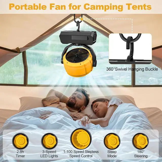 Alt view image 4 of 7 - Battery Powered Fan, Rechargeable Fan Portable, 180° Pivot Operated with Light, Timer, 360° Rotation Hanging Hook, 100 Speeds Camping Fans for Tents, Fishing, RV, Jobsite, Picnic Yellow -