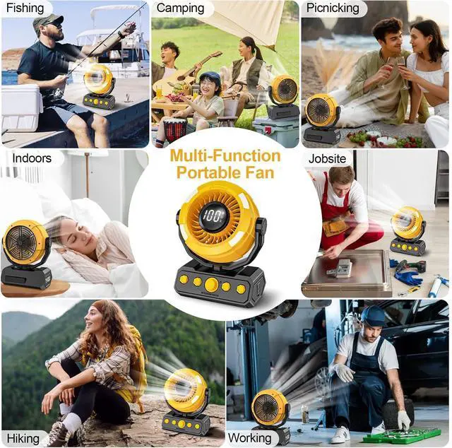 Alt view image 6 of 7 - Battery Powered Fan, Rechargeable Fan Portable, 180° Pivot Operated with Light, Timer, 360° Rotation Hanging Hook, 100 Speeds Camping Fans for Tents, Fishing, RV, Jobsite, Picnic Yellow -