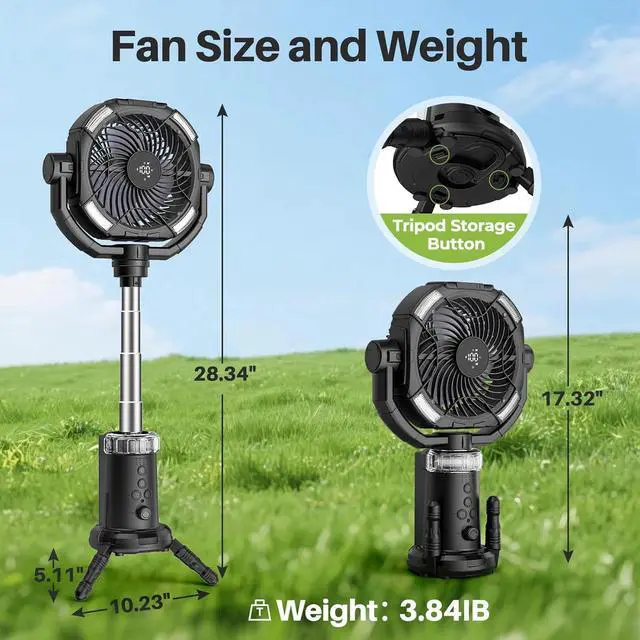 Alt view image 2 of 7 - Portable Camping Fan, 20000mAh Rechargeable Fan with Lights, Battery Powered, Remote &Hook, Height Adjustable, 360° Oscillation, for Outdoor, Tent, Travel, Fishing black -