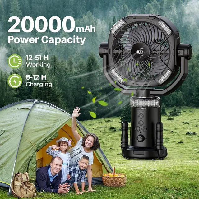 Alt view image 4 of 7 - Portable Camping Fan, 20000mAh Rechargeable Fan with Lights, Battery Powered, Remote &Hook, Height Adjustable, 360° Oscillation, for Outdoor, Tent, Travel, Fishing black -