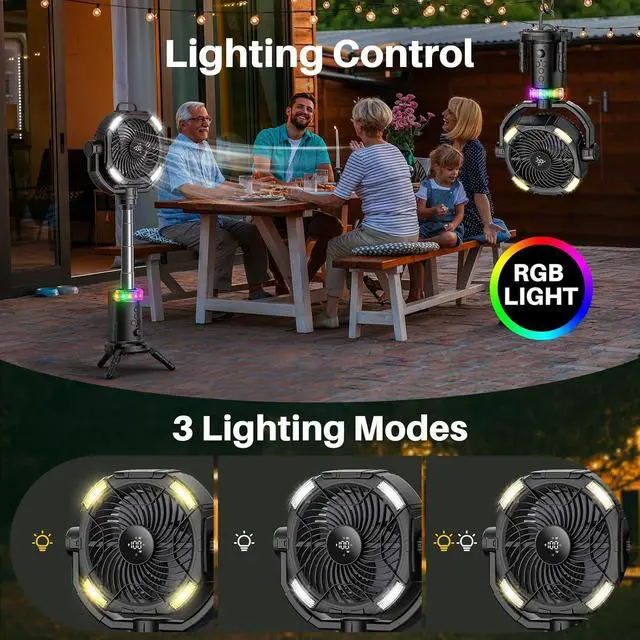 Alt view image 6 of 7 - Portable Camping Fan, 20000mAh Rechargeable Fan with Lights, Battery Powered, Remote &Hook, Height Adjustable, 360° Oscillation, for Outdoor, Tent, Travel, Fishing black -