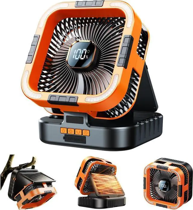Main image of Solar Camping Fan with Light-10000mAh Rechargeable Portable, 6 Speeds, Digital Display, Timer, 120° Oscillation, Cordless Battery Powered for Home Outdoor Tent Travel BBQ Fishing (Orange)  Orange -