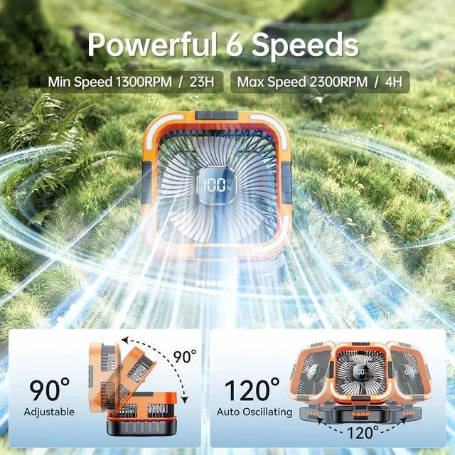 Alt view image 2 of 7 - Solar Camping Fan with Light-10000mAh Rechargeable Portable, 6 Speeds, Digital Display, Timer, 120° Oscillation, Cordless Battery Powered for Home Outdoor Tent Travel BBQ Fishing (Orange)  Orange -