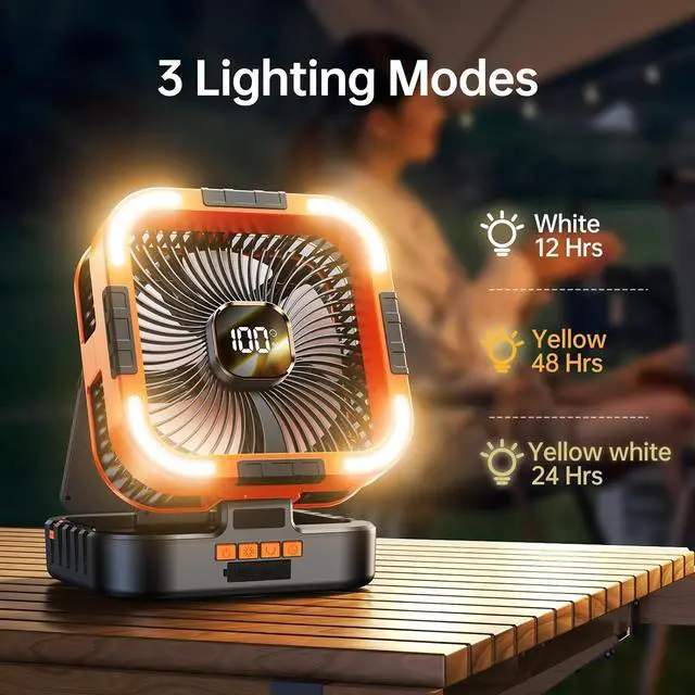 Alt view image 6 of 7 - Solar Camping Fan with Light-10000mAh Rechargeable Portable, 6 Speeds, Digital Display, Timer, 120° Oscillation, Cordless Battery Powered for Home Outdoor Tent Travel BBQ Fishing (Orange)  Orange -