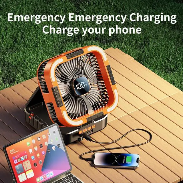 Alt view image 7 of 7 - Solar Camping Fan with Light-10000mAh Rechargeable Portable, 6 Speeds, Digital Display, Timer, 120° Oscillation, Cordless Battery Powered for Home Outdoor Tent Travel BBQ Fishing (Orange)  Orange -