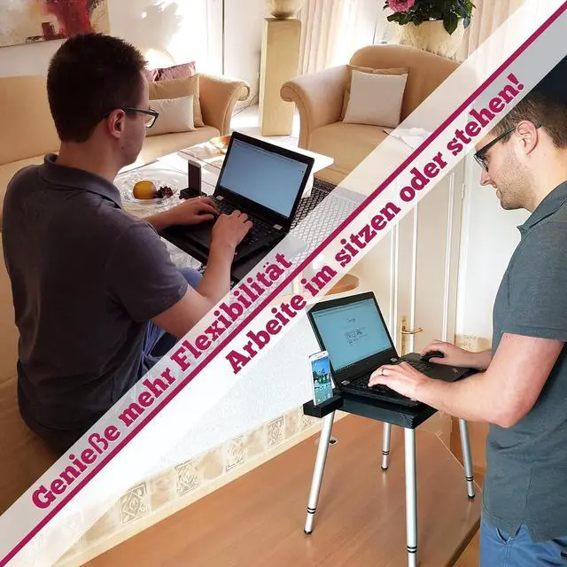 Alt view image 2 of 3 - Black Portable Compact Lightweight Adjustable Height Laptop Notebook Computer Stand Table with steel colored aluminum legs -
