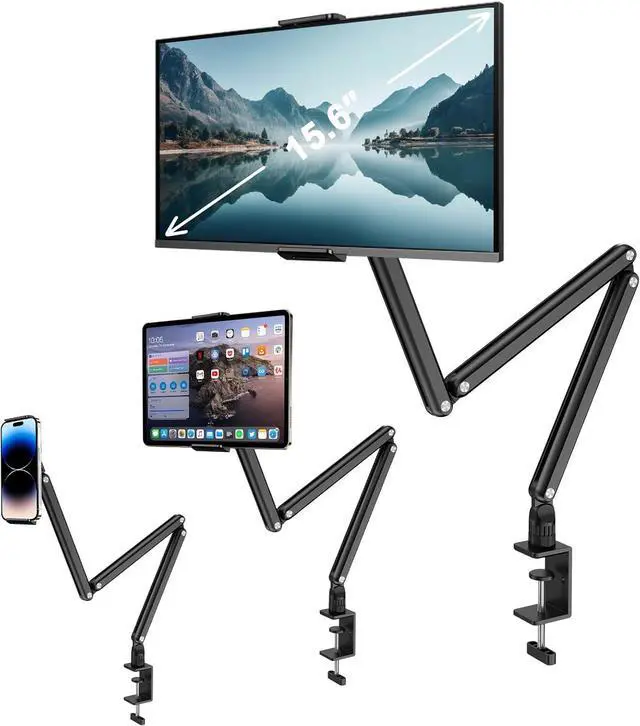 Main image of Adjustable Aluminum Tablet Stand Foldable Arm for Desk/Bed 360° Rotation Compatible with iPad Pro 12.9/11 Air Mini  Tabs Nintendo Switch 5.1-15.9 Devices - Sturdy & Portable