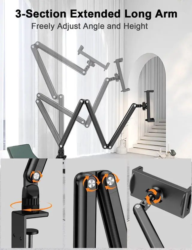 Alt view image 2 of 6 - Adjustable Aluminum Tablet Stand Foldable Arm for Desk/Bed 360° Rotation Compatible with iPad Pro 12.9/11 Air Mini  Tabs Nintendo Switch 5.1-15.9 Devices - Sturdy & Portable