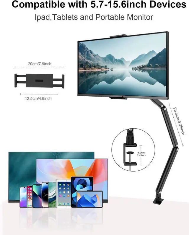 Alt view image 4 of 6 - Adjustable Aluminum Tablet Stand Foldable Arm for Desk/Bed 360° Rotation Compatible with iPad Pro 12.9/11 Air Mini  Tabs Nintendo Switch 5.1-15.9 Devices - Sturdy & Portable
