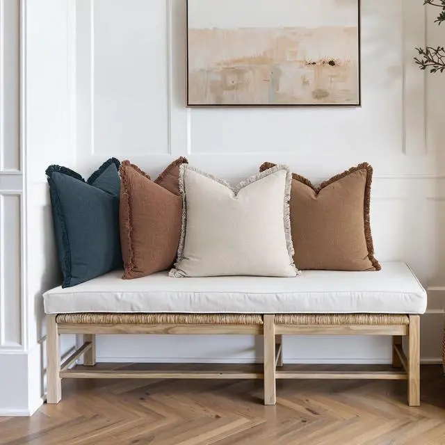 Alt view image 2 of 6 - Decorative Couch Pillow Covers Neutral Linen Fringe Throw Pillows Set of 4 Modern Rustic Cushions Boho Farmhouse Pillowcases for Bed Sofa Living Room Home Decor 20x20 Inch Beige/Brown/Blue  Blue