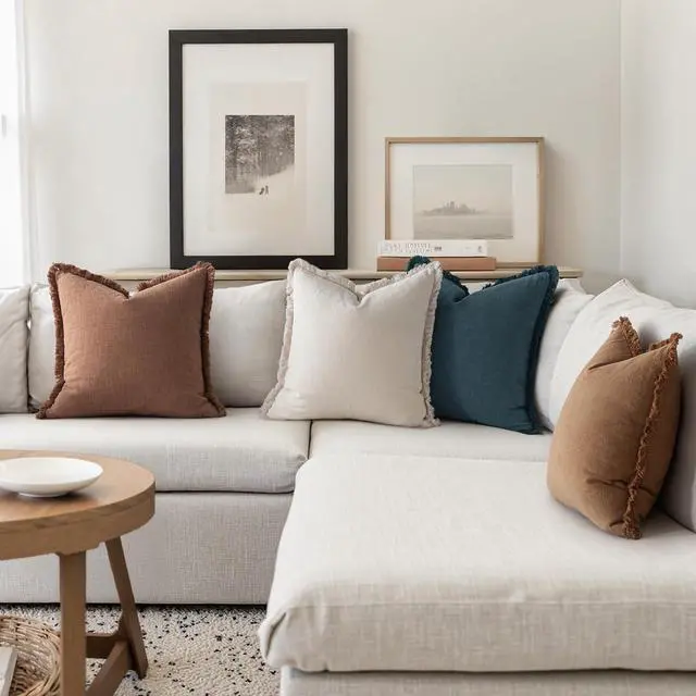 Alt view image 4 of 6 - Decorative Couch Pillow Covers Neutral Linen Fringe Throw Pillows Set of 4 Modern Rustic Cushions Boho Farmhouse Pillowcases for Bed Sofa Living Room Home Decor 20x20 Inch Beige/Brown/Blue  Blue