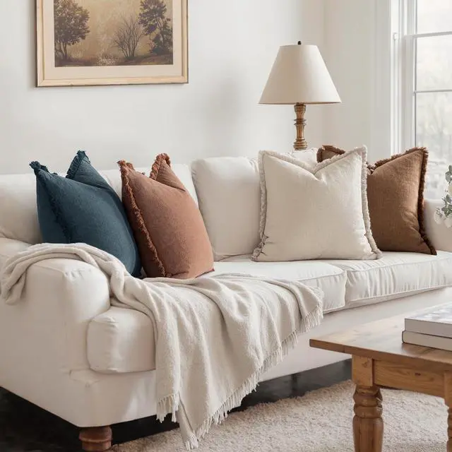 Alt view image 3 of 6 - Decorative Couch Pillow Covers Neutral Linen Fringe Throw Pillows Set of 4 Modern Rustic Cushions Boho Farmhouse Pillowcases for Bed Sofa Living Room Home Decor 20x20 Inch Beige/Brown/Blue  Blue