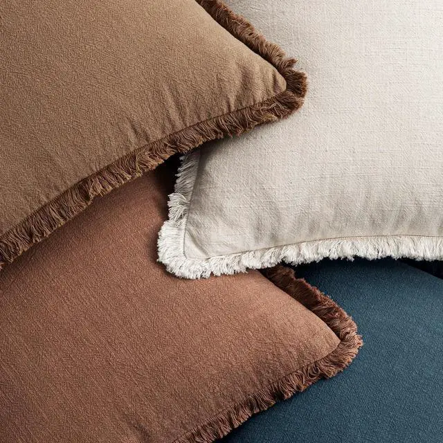 Alt view image 6 of 6 - Decorative Couch Pillow Covers Neutral Linen Fringe Throw Pillows Set of 4 Modern Rustic Cushions Boho Farmhouse Pillowcases for Bed Sofa Living Room Home Decor 20x20 Inch Beige/Brown/Blue  Blue