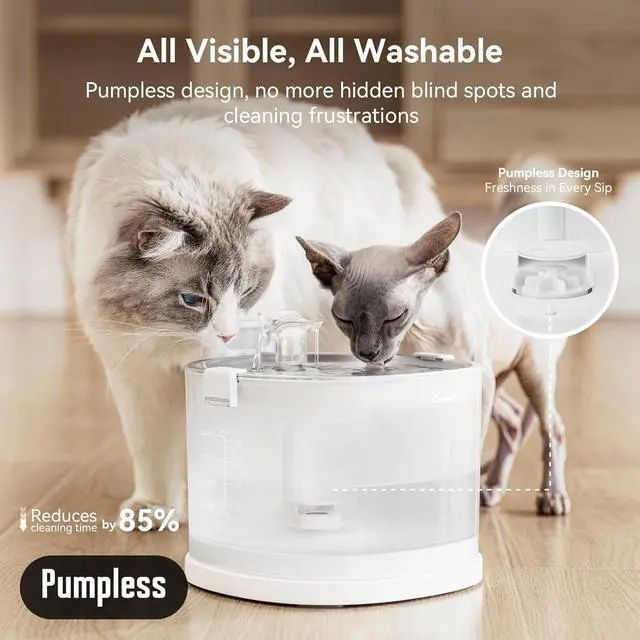 Alt view image 2 of 7 - Pumpless Cat Water Elfin Fountain, Wireless Pet Fountain Battery Operated, 2L/67oz E1+ Automatic Dispenser Cats & Dogs MagDrive Technology Stainless Steel Tray, No Cleaning Hassle  White Cordless