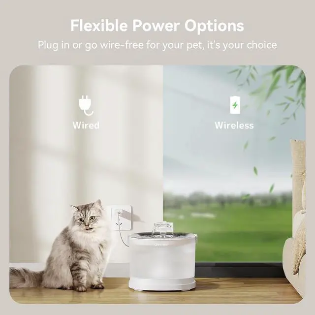 Alt view image 5 of 7 - Pumpless Cat Water Elfin Fountain, Wireless Pet Fountain Battery Operated, 2L/67oz E1+ Automatic Dispenser Cats & Dogs MagDrive Technology Stainless Steel Tray, No Cleaning Hassle  White Cordless