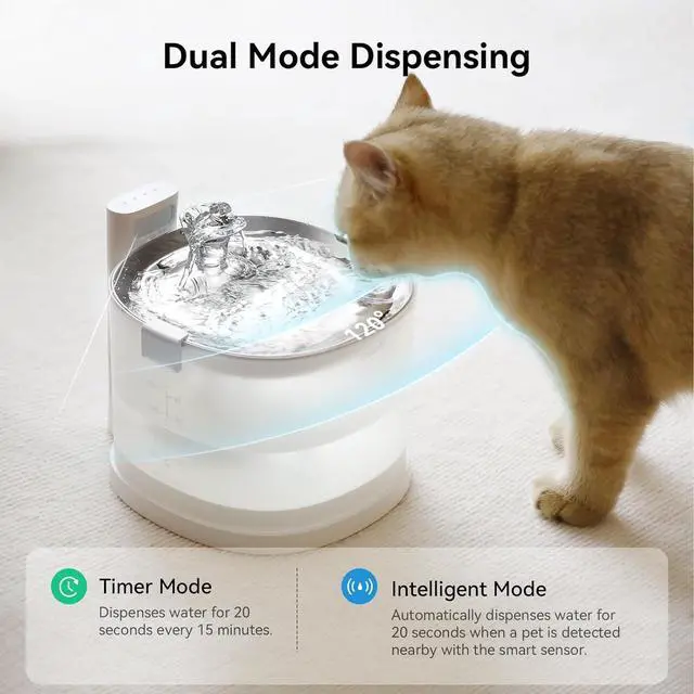 Alt view image 6 of 7 - Pumpless Cat Water Elfin Fountain, Wireless Pet Fountain Battery Operated, 2L/67oz E1+ Automatic Dispenser Cats & Dogs MagDrive Technology Stainless Steel Tray, No Cleaning Hassle  White Cordless