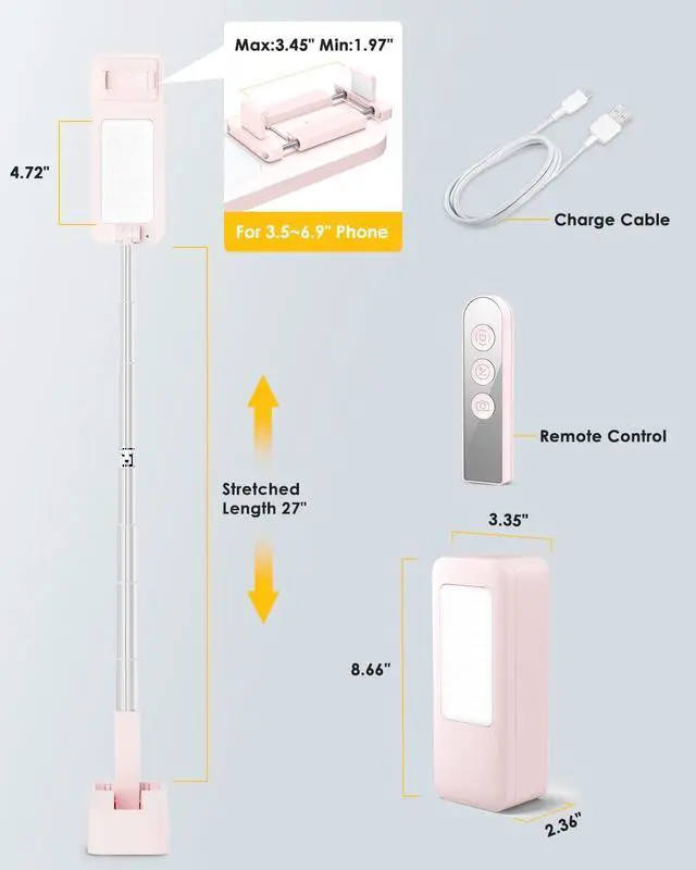 Alt view image 5 of 7 - Phone Stand for Recording, Overhead Mount with Light, Selfie Stand,Portable,Extendable,360° Rotate,Adjustable,Wireless Remote,Rechargeable, 3.5-6.9" Phones, Live Streaming  Pink -