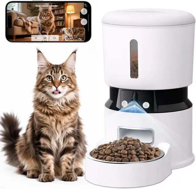 Main image of Automatic Cat Feeder with 2 Cameras 1080P HD Night Vision Pet Food Dispenser Two-Way Voice and Audio Dog Smart WiFi & Programmable Schedule Slow Bowl White  -