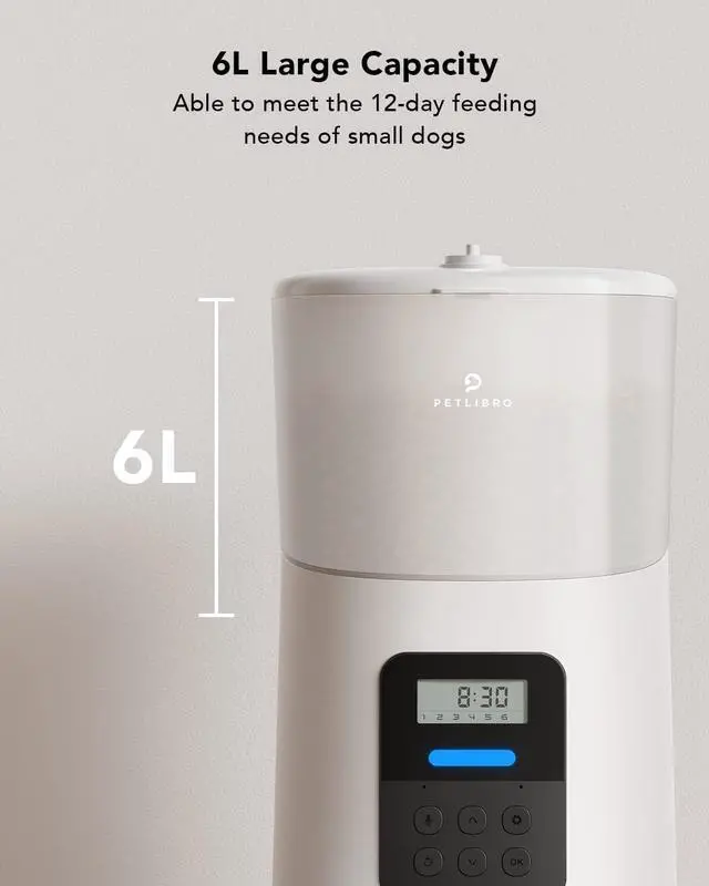 Alt view image 4 of 7 - Automatic Cat Feeder, 6L Auto Pet Dry Food Dispenser with Clog-Free Design, Low LED Indication, 0-50 Portion Control for 1-6 Meals Daily, 10s Voice Recorder Small & Medium Pets Grey -