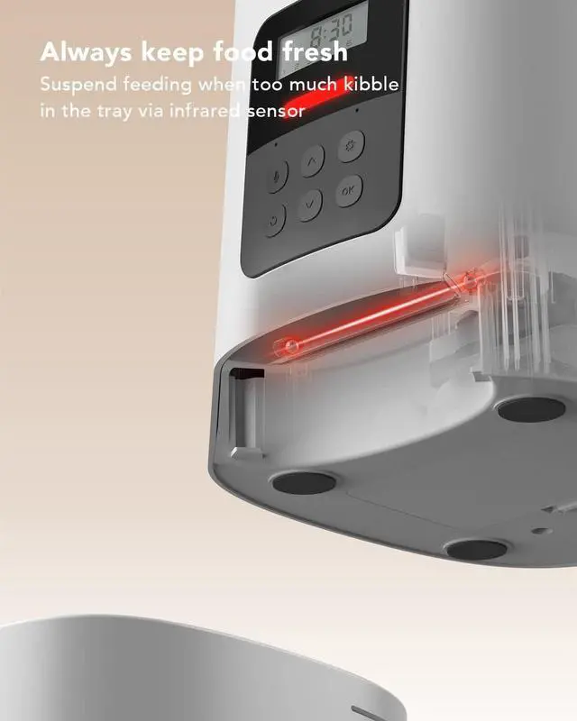 Alt view image 6 of 7 - Automatic Cat Feeder, 6L Auto Pet Dry Food Dispenser with Clog-Free Design, Low LED Indication, 0-50 Portion Control for 1-6 Meals Daily, 10s Voice Recorder Small & Medium Pets Grey -