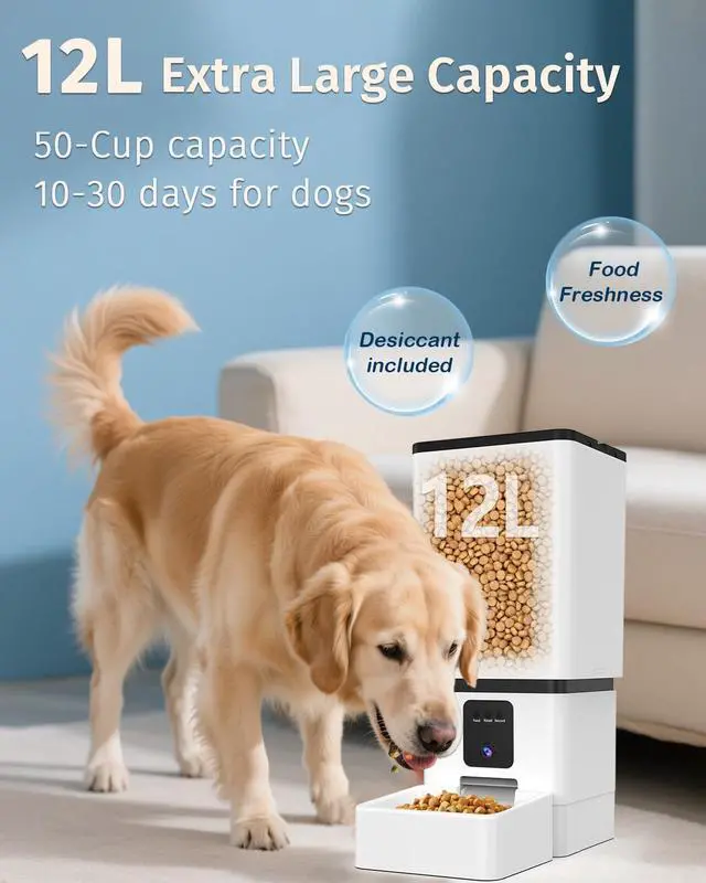 Alt view image 2 of 7 - Automatic Dog Feeder Large Breed with Camera - 12L/50 Cups 5G WiFi App Control Food Dispenser, Easy Setup, HD 1080P Video Night Vision by white