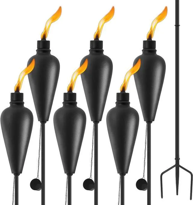 Main image of Upgraded Home Garden Torch Set of 6, Outdoor Metal Décor, 59.5 Inch Citronella Torches with 3-Prong Grounded Stake,Metal Light for Party Patio PathwayBlack Torch-01 -