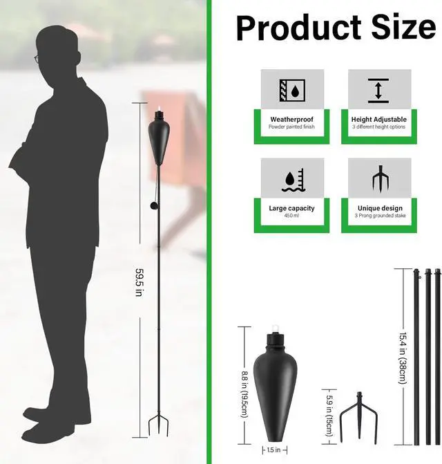 Alt view image 2 of 7 - Upgraded Home Garden Torch Set of 6, Outdoor Metal Décor, 59.5 Inch Citronella Torches with 3-Prong Grounded Stake,Metal Light for Party Patio PathwayBlack Torch-01 -