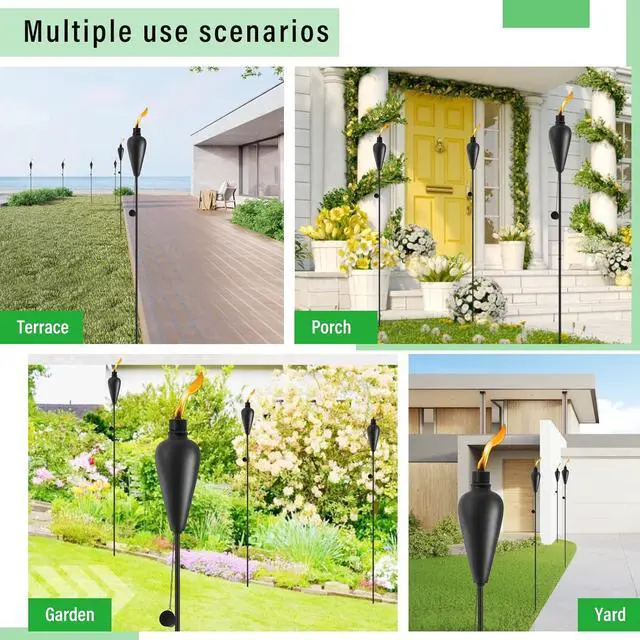 Alt view image 5 of 7 - Upgraded Home Garden Torch Set of 6, Outdoor Metal Décor, 59.5 Inch Citronella Torches with 3-Prong Grounded Stake,Metal Light for Party Patio PathwayBlack Torch-01 -