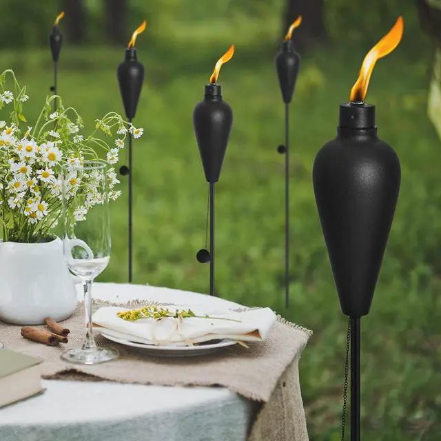 Alt view image 6 of 7 - Upgraded Home Garden Torch Set of 6, Outdoor Metal Décor, 59.5 Inch Citronella Torches with 3-Prong Grounded Stake,Metal Light for Party Patio PathwayBlack Torch-01 -