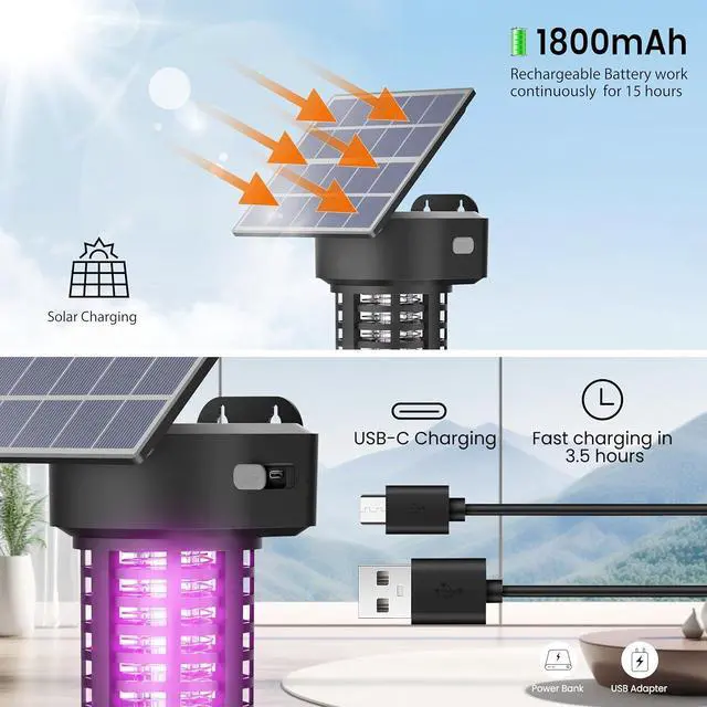 Alt view image 3 of 6 - Solar Bug Zapper Outdoor 2 Pack, Garden Mosquito Waterproof & Cordless Rechargeable Auto On/OffFlying Insect Killer Lamp Catcher Decorative Light for Patio Black -